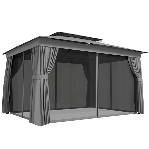 Gazebo da Giardino a 2 Livelli 380x300x270 cm con Zanzariere e Tende in Metallo e Poliestere Grigio Scuro sconto