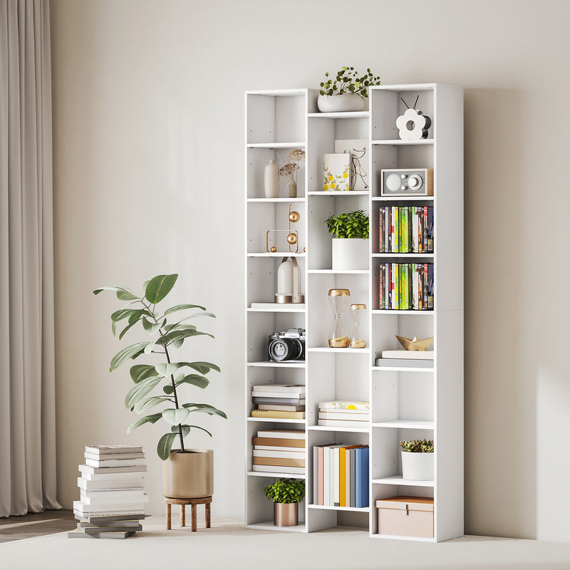 Libreria Moderna 89,5x23,5x181 cm con 21 Scomparti e 10 Ripiani Regolabili in Legno Bianco      
