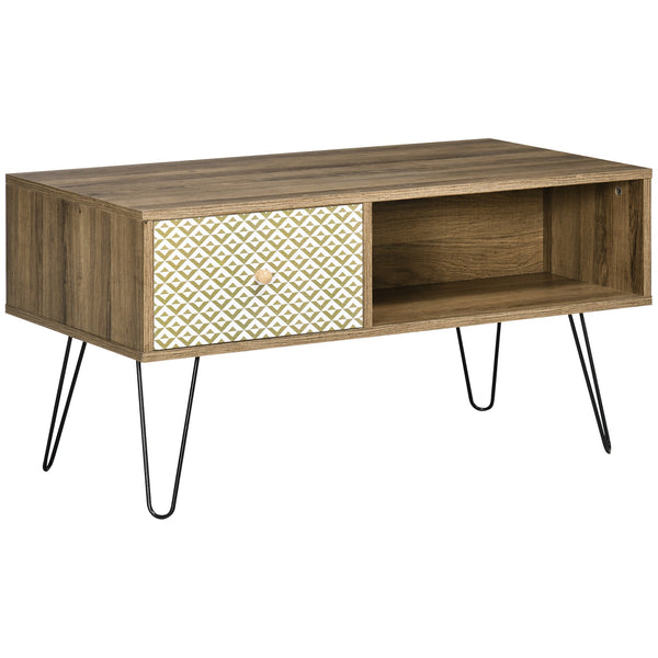 sconto Tavolino da Caffè 90x45x46 cm con Ripiano Aperto e Cassetto in Truciolato e Metallo Marrone e Nero