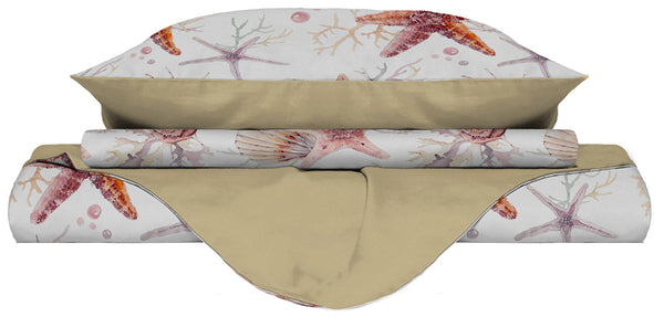 Housse de couette avec imprimé sur le sac et taies d'oreiller étoile de mer double face sconto