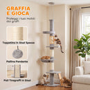 Tiragraffi per Gatti a Soffitto 40x40x230-260 cm con 3 Pali Graffiatoi e Amaca in Truciolato Peluche e Sisal Grigio Chiaro      