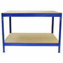 Set 3 Scaffali ad Incastro con Banco da lavoro da 120 cm Piani in MDF Struttura in Acciaio Blu