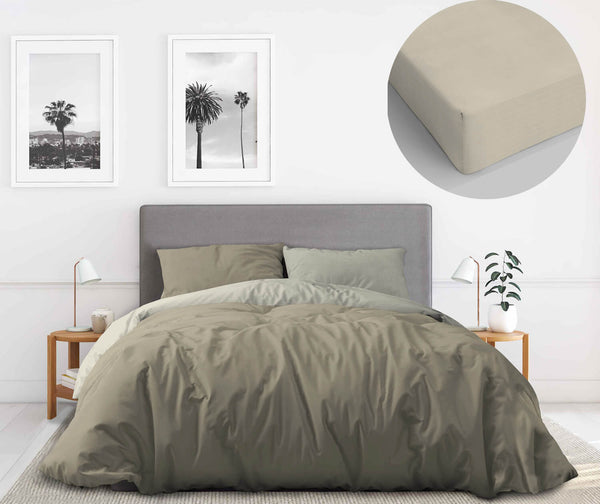 online Kit housse de couette double et drap de dessous avec taies d'oreiller double face gris tourterelle / crème