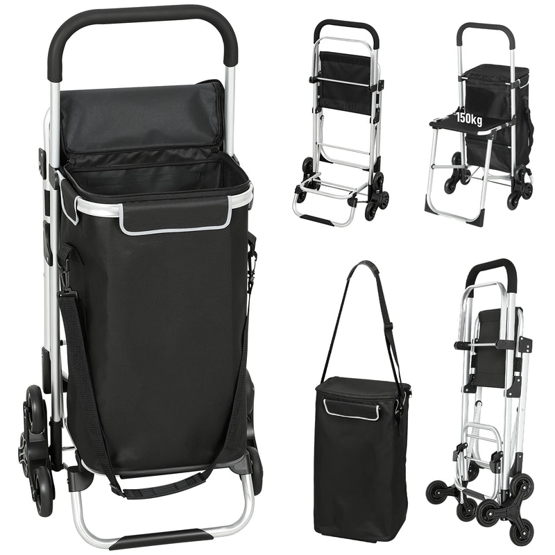 Carrello della Spesa 46x59.5x97 cm con Borsa da 40L Impermeabile e Sedile in Alluminio Nero e Argento      