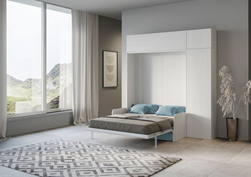 Letto Matrimoniale A Scomparsa 160 Kentaro Con Divano E Mobili Bianco Frassino e Azzurro      