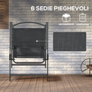Set Tavolo con Top in Vetro 6 Sedie Pieghevoli e Ombrellone a Manovella da Giardino in Metallo e Rete Grigio e Nero