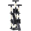 Albero Tiragraffi per Gatti 49x49x173 cm con 3 Posatoi 2 Casette e Giochi Appesi in Legno e Peluche Grigio Scuro      
