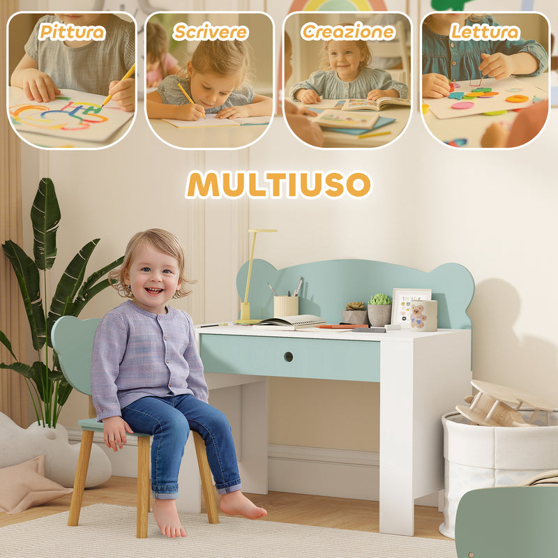 Banco Scuola con Sedia per Bambini Schienale a Orsetto Età 3-8 Anni in MDF e Legno Verde   