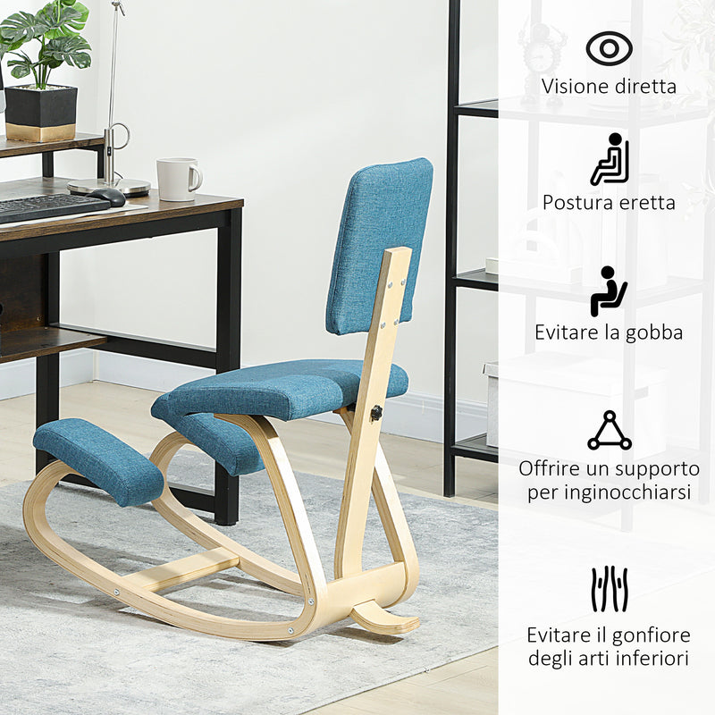 Sedia Ergonomica Inginocchiatoio con Schienale 51x84x93 cm in Legno di Betulla e Cuscini Blu  
