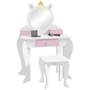 Set Toeletta Trucco Bambina 55x34x87 cm con Sgabello Specchio in Acrilico 2 Scatole Portaoggetti Design Unicorno in MDF Rosa      