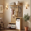 Mobile Appendiabiti da Ingresso 80x37x168 cm con Asta 4 Ganci Panca con Scarpiera e Armadietto in MDF Rovere e Bianco      