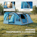 Tenda Campeggio a Tunnel per 2-4 Persone 565x370x200 cm con 2 Stanze Impermeabile 3000mm per Trekking Azzurro      