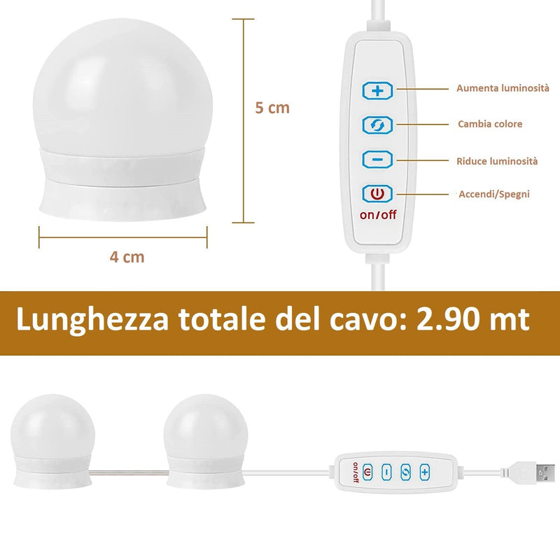 Set 4 Lampadine Led Luci per Specchio 3 Colori Intensità Regolabile USB