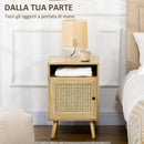 Comodino per Camera da Letto Stile Boho 39x35x60 cm con Armadietto e Ripiano Aperto in Legno e Rattan   