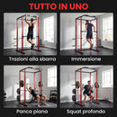 Power Cage Stazione Multifunzione 160x112x215 cm Rack Regolabile con Capacità di 460 kg in Acciaio Rosso      