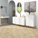 Credenza Moderna 4 Ante con Chiusura Ammortizzata e Mensole Regolabili 140x40x75 cm in Truciolato e Metallo Bianco e Oro
