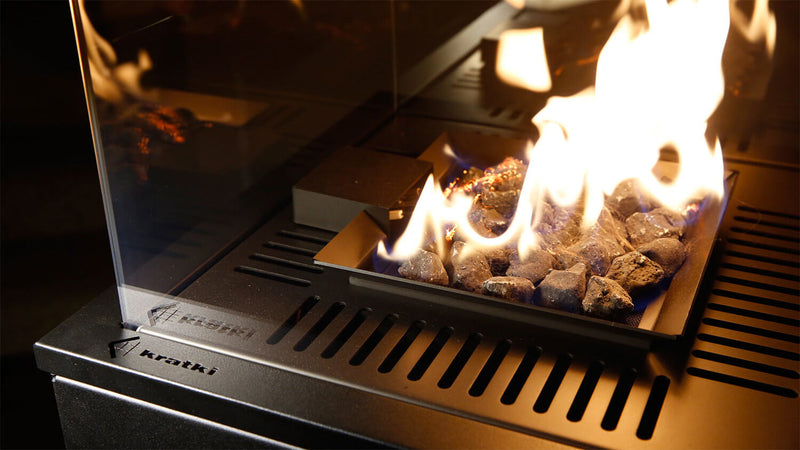 Stufa a Gas da Esterno cm 136,6x44,2x44,2 Flig Gastonia Mini Pietra Naturale Grigia con Vetri