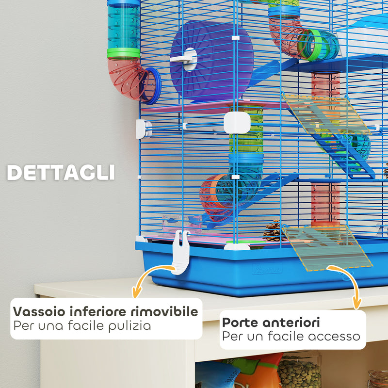 Gabbia per Criceti a 5 Piani 46x30x58 cm con Tubi Colorati e Accessori in Metallo Blu  