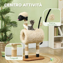 Albero Tiragraffi per Gatti 48x34x98 cm a Forma di Pecora con Naso Nero Pali in Juta Tunnel e Pallina Marrone Chiaro      