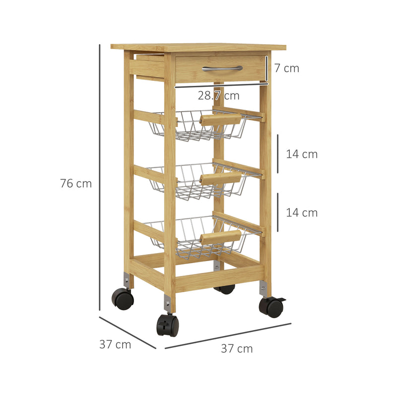 Carrello Cucina con Cassetto e 3 Cestini a Rete Metallica 37x37x76 cm in Legno