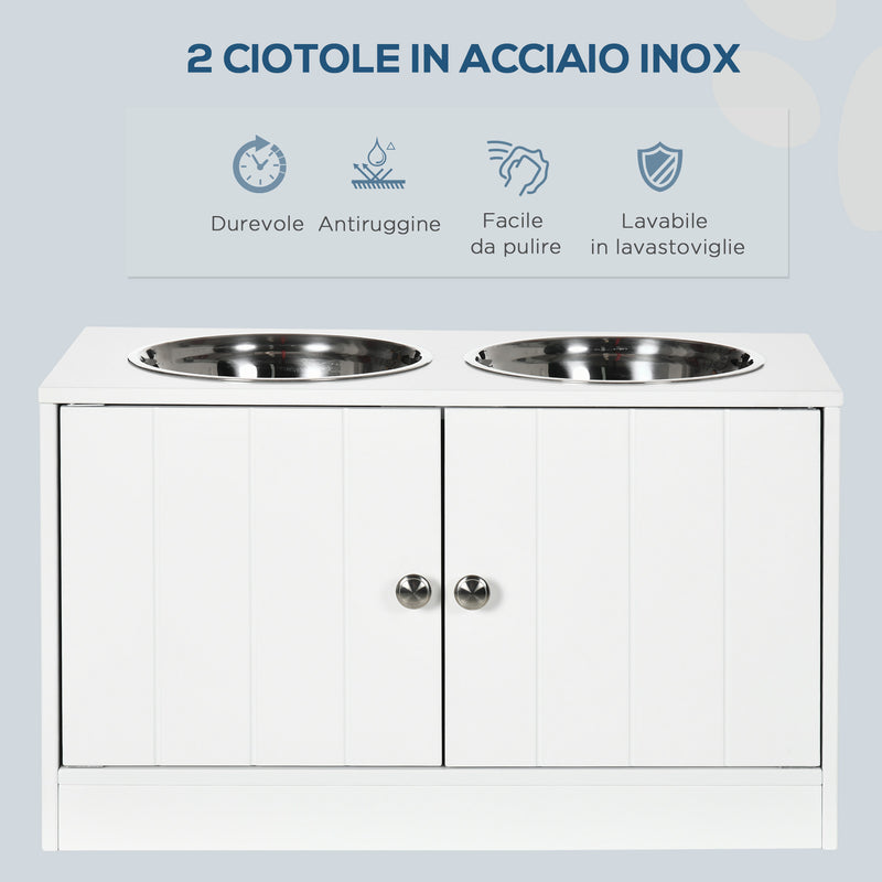 Ciotole per Cani Rialzate con Armadietto da 44L e 2 Ciotole in Acciaio 60x30x35.5cm Bianco