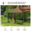 Recinto per Cani con Porticina per Ciotole 141x141x151 cm in Metallo e Tessuto Oxford Nero e Marrone