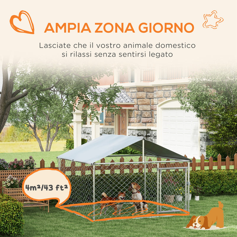 Recinto per Cani Taglia Media da Esterno 200x200x150 cm con Tetto Impermeabile Argento