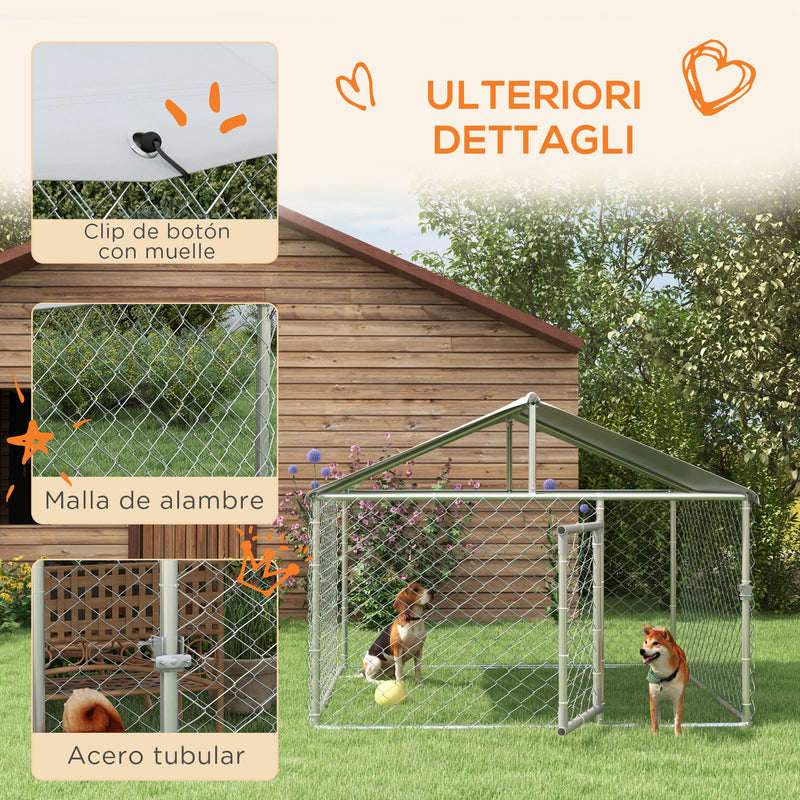 Recinto per Cani Taglia Media da Esterno 200x200x150 cm con Tetto Impermeabile Argento