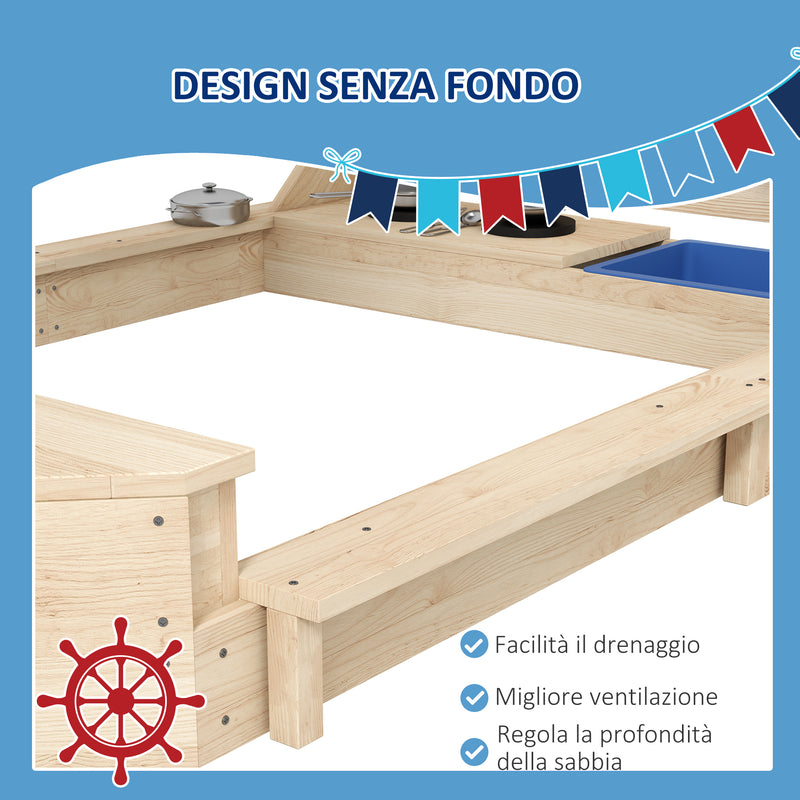 Sabbiera per Bambini 3-7 Anni con Tettuccio e Set da Cucina 180x103x144,5 cm in Legno di Abete