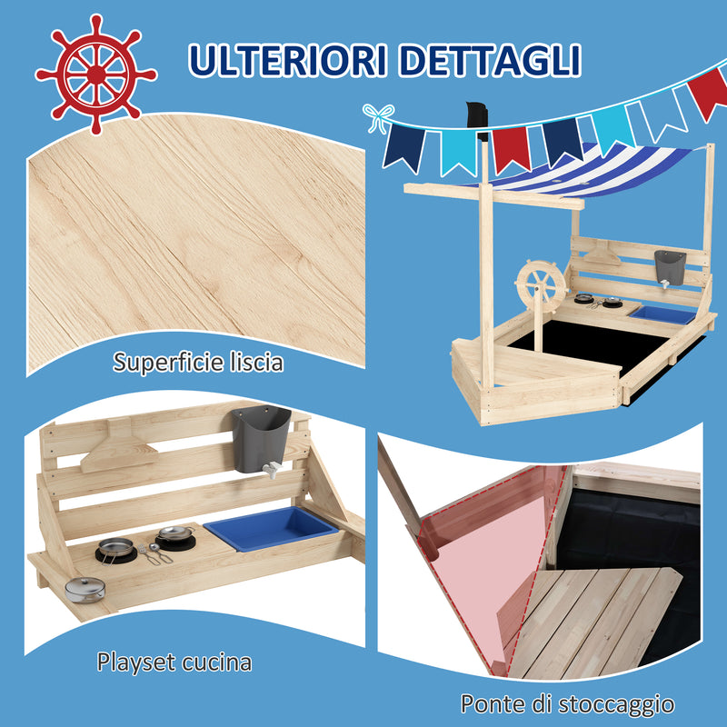 Sabbiera per Bambini 3-7 Anni con Tettuccio e Set da Cucina 180x103x144,5 cm in Legno di Abete
