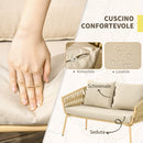 Set Salotto da Giardino Divano 2 Poltrone con Cuscini e Tavolino in Vetro in Acciaio e Poliestere Cachi