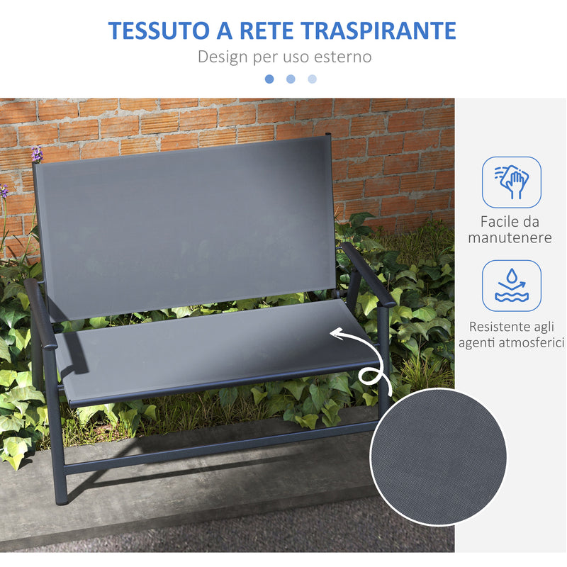 Sedia Panchina da Campeggio 2 Posti Pieghevole 118x65x96 cm in Acciaio e Tessuto a Rete Grigio