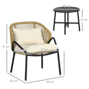 Set Tavolino e 2 Poltrone da Giardino con Braccioli e Cuscini in Acciaio e Rattan PE Crema