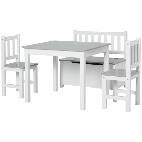 Set Tavolo per Bambini con 2 Sedie e Cassapanca in Legno per Cameretta Bianco e Grigio acquista