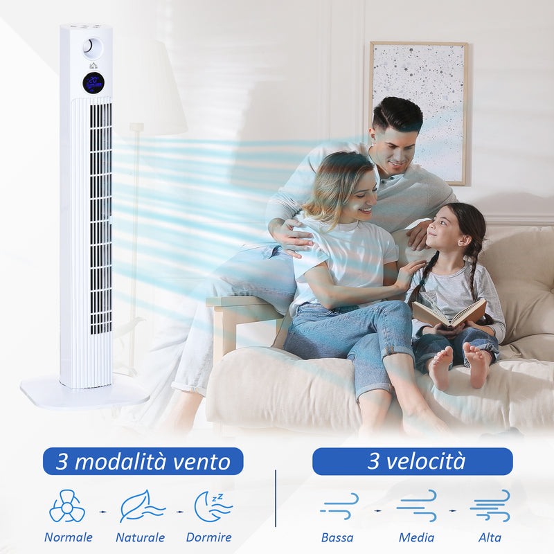 Ventilatore a Torre 45W a 3 Modalità e 3 Velocità con Timer da 12h 31.5x31.5x96 cm in ABS Bianco