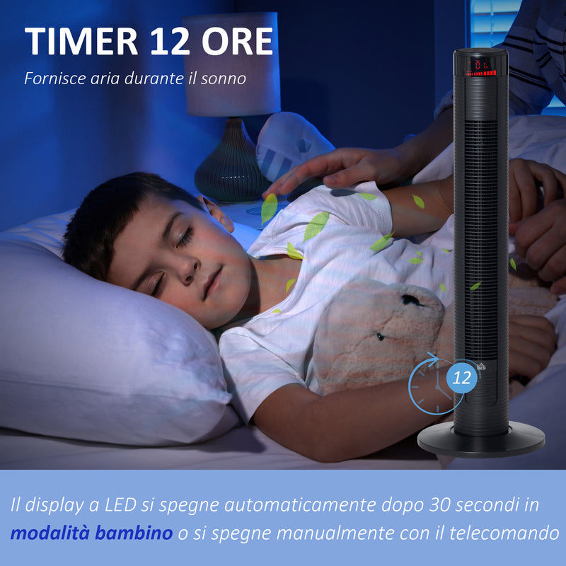 Ventilatore a Torre 45W a 4 Modalità e 3 Velocità con Timer da 12h 31.5x31.5x96 cm in ABS Nero