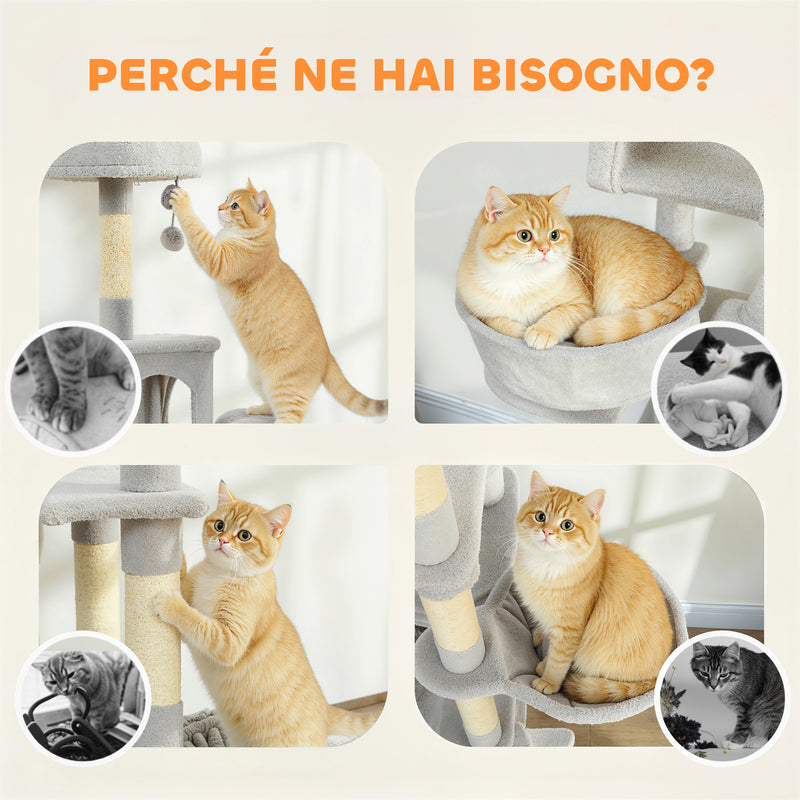 Albero Tiragraffi per Gatti 48x48x192 cm con Amache e Casette in Sisal e Peluche Grigio e Crema      