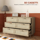 Cassettiera 6 Cassetti Stile Boho per Soggiorno e Camera da Letto 110x40x75 cm in Legno e Rattan Naturale