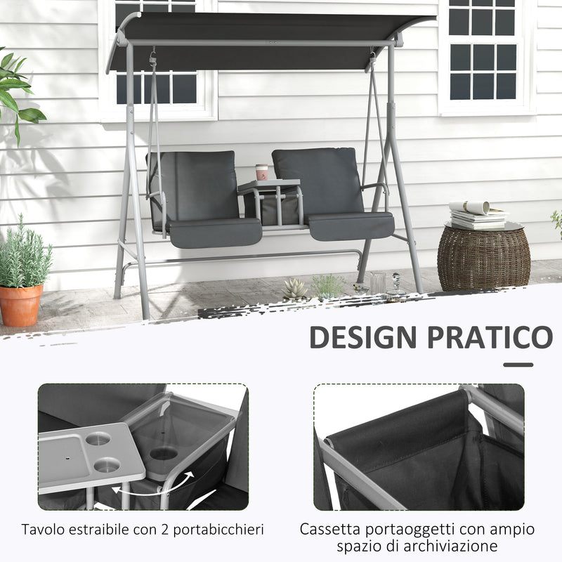Dondolo 2 Posti con Tavolino e Portabicchieri 175x110x165 cm in Metallo e Poliestere Grigio