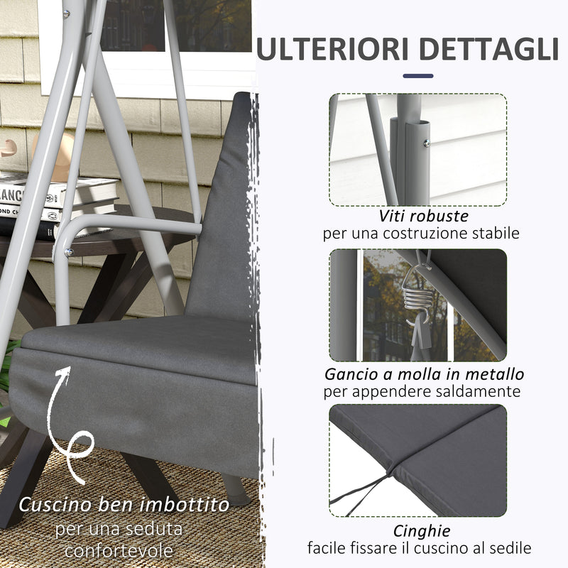 Dondolo 2 Posti con Tavolino e Portabicchieri 175x110x165 cm in Metallo e Poliestere Grigio