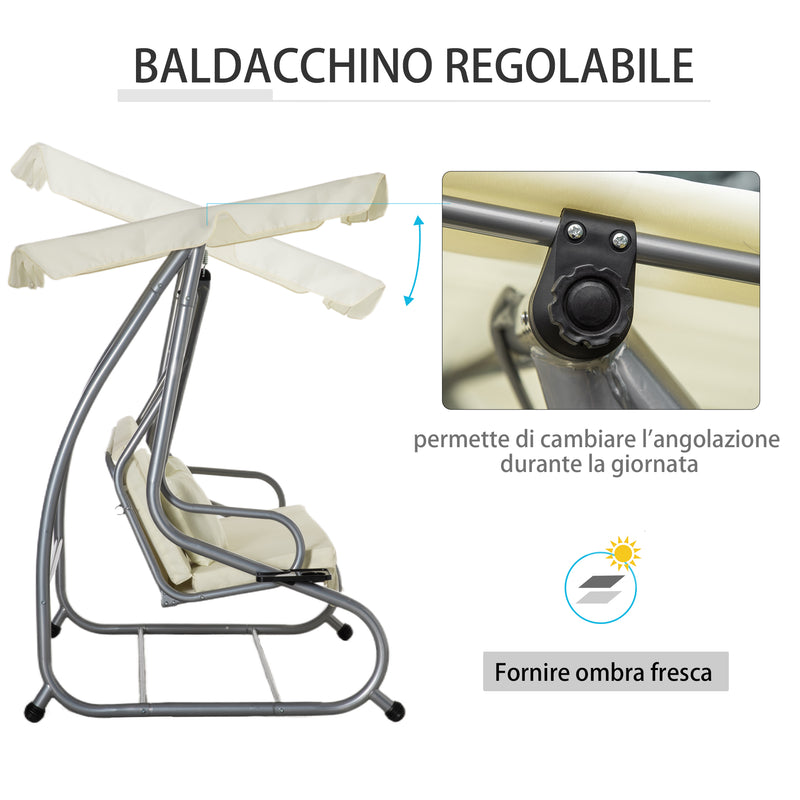 Dondolo Letto da Giardino 3 Posti 200x120x164 cm con Tetto Regolabile e 2 Portabicchieri Crema