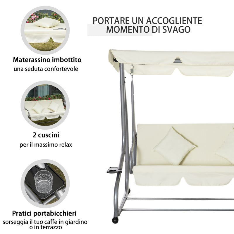 Dondolo Letto da Giardino 3 Posti 200x120x164 cm con Tetto Regolabile e 2 Portabicchieri Crema