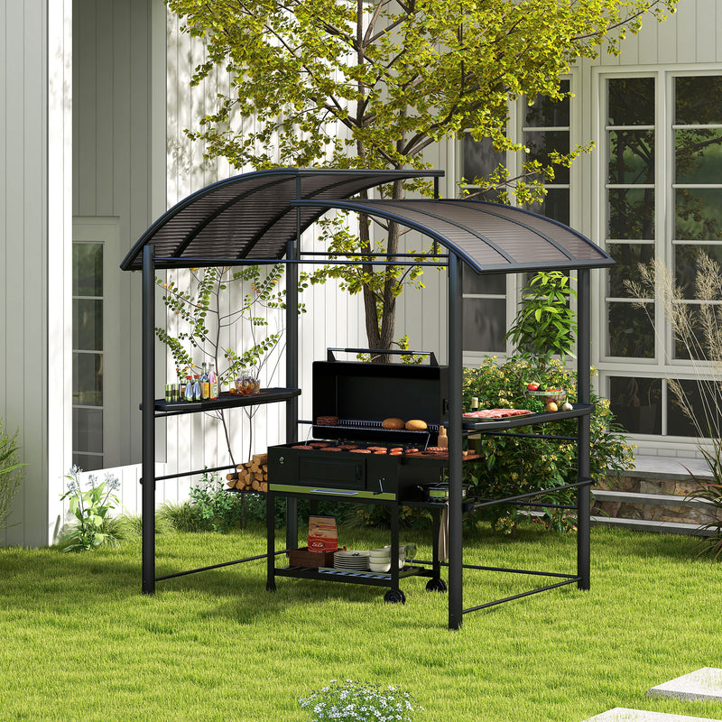 Gazebo per Barbecue con Tetto e 2 Ripiani Portaoggetti 240x150x230 cm in Metallo e PC Grigio Scuro