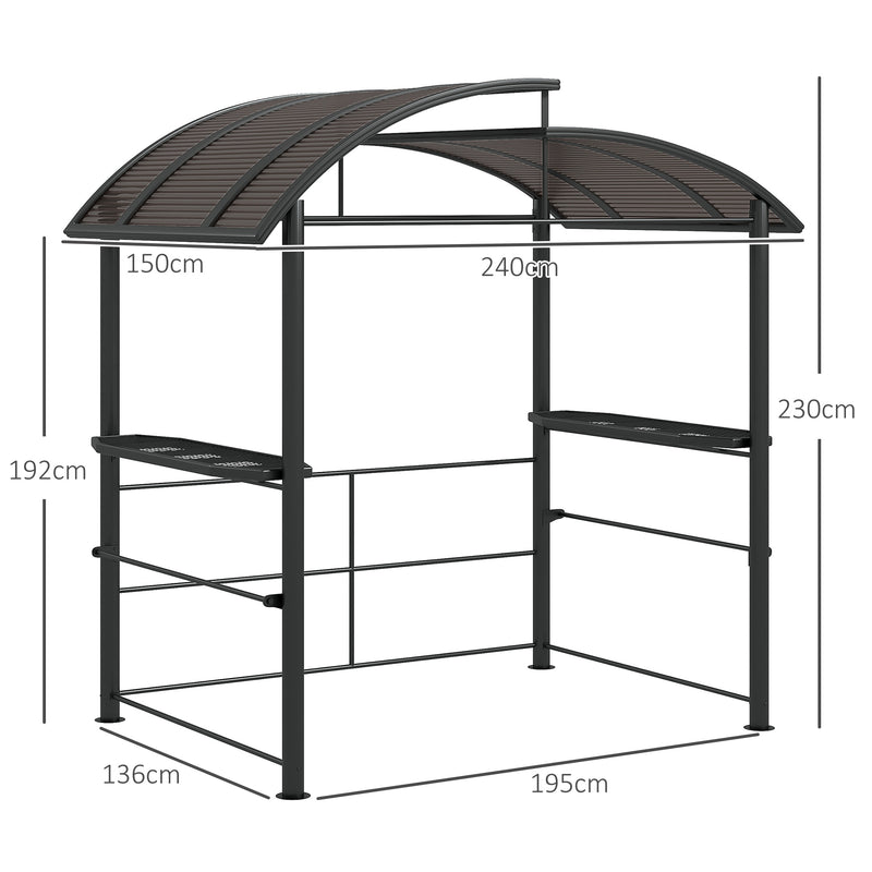 Gazebo per Barbecue con Tetto e 2 Ripiani Portaoggetti 240x150x230 cm in Metallo e PC Grigio Scuro