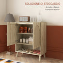 Mobile Multiuso in Stile Boho 80x38x100 cm con Ante in Rattan e Ripiano Aperto Rovere