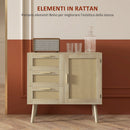 Mobile Multiuso Stile Boho con Armadietto e 3 Cassetti 80x36x75 cm in Legno e Rattan Rovere