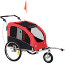 Rimorchio Bici per Cani Taglia Media a 2 Ingressi 126-155x83x108 cm con Finestrelle e Tettuccio Apribile Rosso