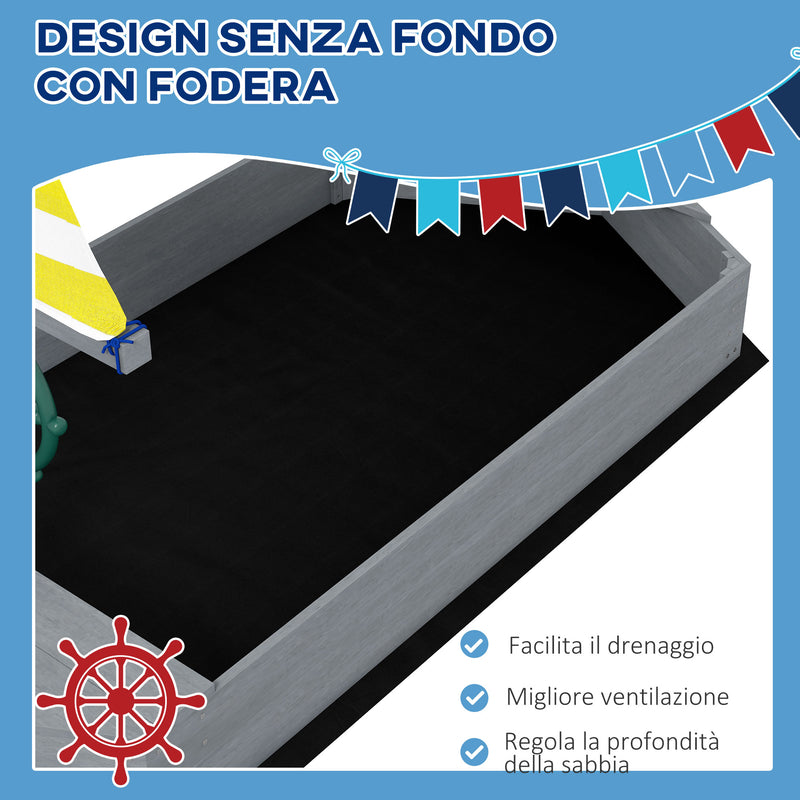 Sabbiera per Bambini 3-8 Anni a forma di Barca 190x90x138 cm in Legno di Abete e Poliestere