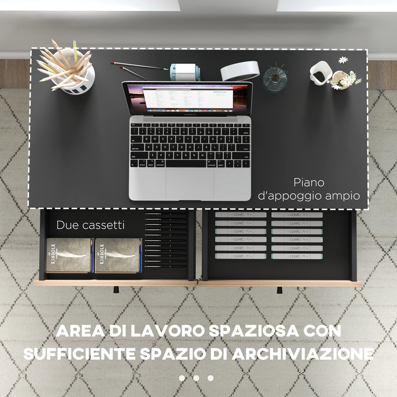 Scrivania da Ufficio Moderna con 2 Cassetti 106x50x77 cm in Acciaio e MDF Nero e Rovere