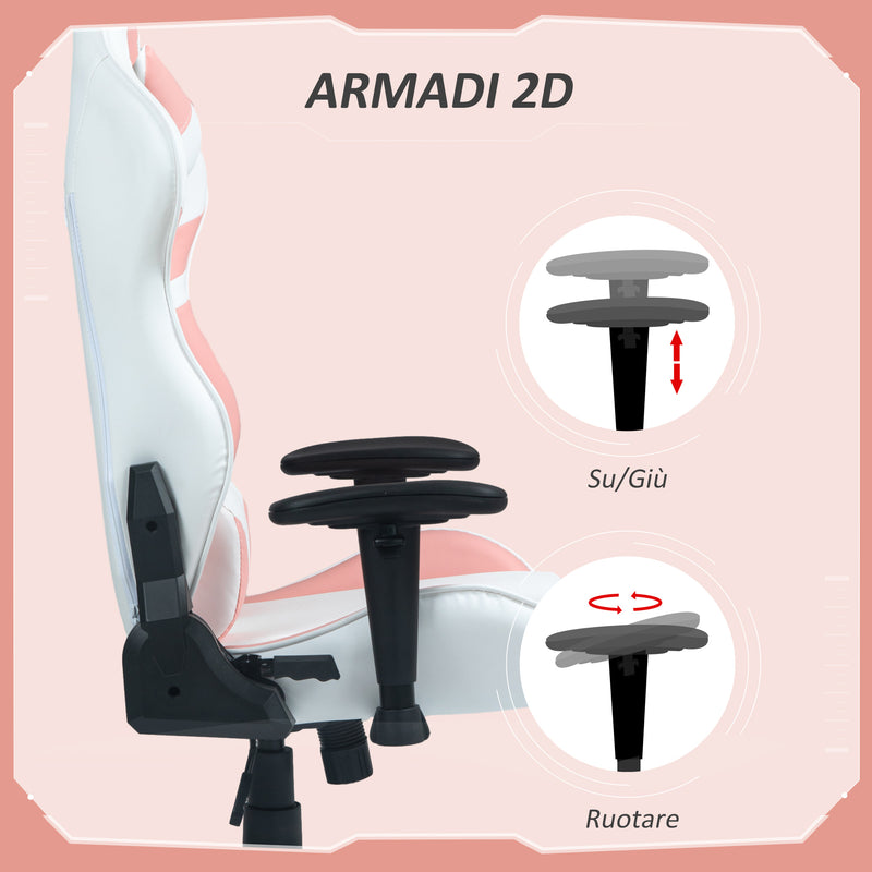 Sedia da Gaming Reclinabile 155° con Poggiatesta e Supporto Lombare 69x54x125-132,5 cm in Similpelle Rosa